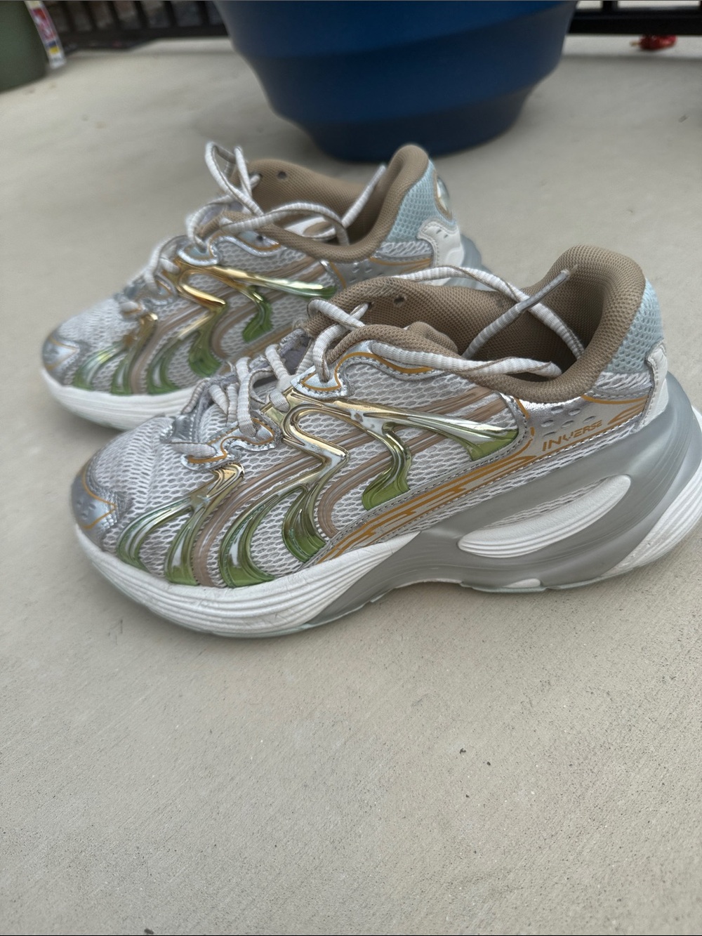 Kids Iverse Puma Mesh Athletic Sneakers in White, Green & Gold